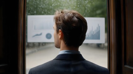 A businessman in a suit looks through a rain streaked window at financial charts and graphs symbolizing business analysis and future planning