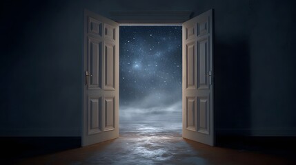 Fototapeta premium An open doorway reveals a misty star filled night sky evoking mystery and new possibilities