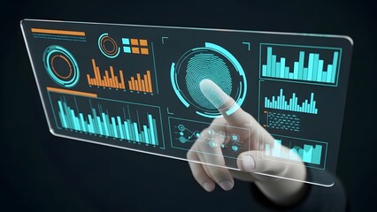 Digital Interface: A hand interacting with a futuristic digital interface, showcasing data visualization and advanced technology in a sleek and modern design.