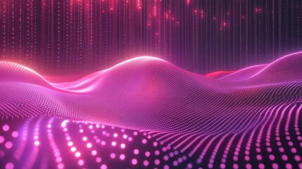 Abstract technological wave surface creating a virtual data landscape with glowing pink and purple particles simulating modern communication concepts and digital connectivity