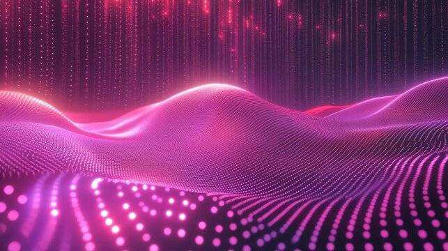 Abstract technological wave surface creating a virtual data landscape with glowing pink and purple particles simulating modern communication concepts and digital connectivity - Powered by Adobe