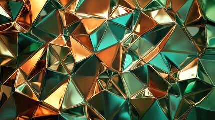 Abstract polygonal background design forming a crumpled metallic surface, featuring geometric shapes in reflective gold, bronze, and teal green colors, offering a glossy pattern
