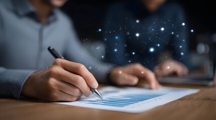 Focused professionals analyze financial graphs on a desk illuminated by abstract glowing network connections symbolizing data insights