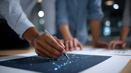 Business team collaborating on a strategic plan analyzing data visualization and network connections