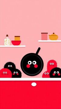 Whimsical furball creatures frolic in a cartoon kitchen, evoking playful tidying misfits during Hygge or Japan's Kotatsu lounge gatherings