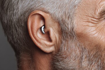 Senior man using hearing aid feels connected in a moment of clarity and fullness while engaging in conversation in a quiet indoor setting during the late afternoon
