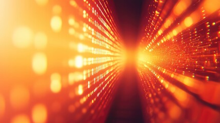 Abstract orange red tunnel with glowing particles and light trails streaming like fiber optic data flow, conveying high speed network, digital transfer and futuristic tech