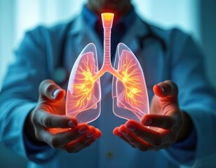 Doctor holds human lungs. Pulmonary system visualisation. Medical pro presents respiratory organ. Health care concept. Medicine diagnoses lungs. Therapy, treatment for diseases. Innovative approach