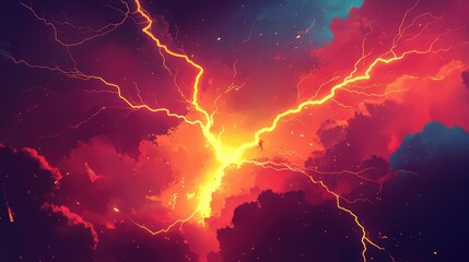 Electric lightning bolts discharging across a turbulent sky with glowing particles and dark, colorful clouds, symbolizing immense power, energy, and a chaotic atmosphere