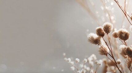 Delicate fluffy seed heads and dried grass stems with soft bokeh lights in the background