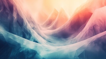 Abstract landscape showing geometric networks forming undulating peaks and valleys with a vibrant gradient of warm orange to cool blue colors, symbolizing innovation and digital frontiers