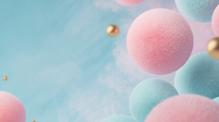 Soft fluffy spheres in pastel pink and blue float against a hazy sky with golden orbs
