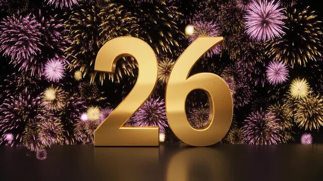 Gold number 26 with fireworks in the background. Festive scene for birthday or anniversary party