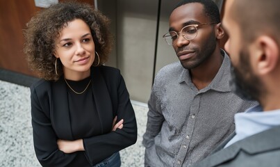 Three business people hold a meeting in an office environment, engaging in conversation and sharing ideas in a corporate space