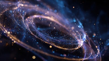 Swirling abstract cosmic energy with glowing blue and gold particles against a dark background