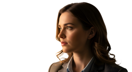 A serious professional woman in business attire looks thoughtfully toward a bright future opportunity.