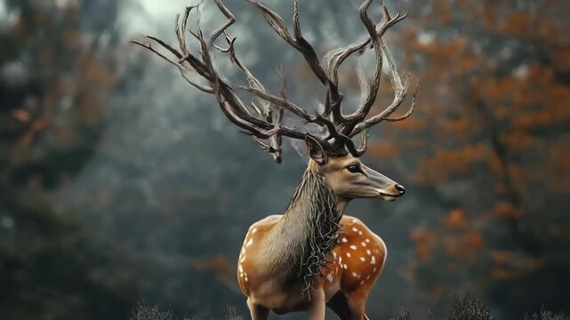 Majestic stag with antlers resembling tree branches stands in a misty forest during early morning light