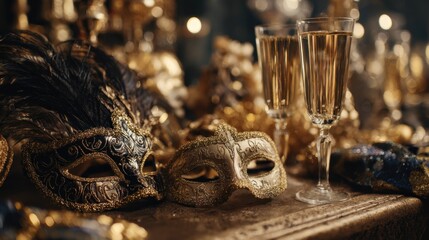Two elegant masquerade masks and flutes of champagne glisten amongst festive gold and blue decorations