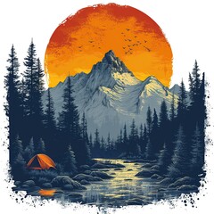 Adventure Travel Badge Logo with Mountain Camp River and Natural Scenery