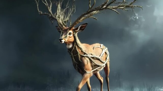 Majestic stag with antlers resembling tree branches stands in a misty forest during early morning light