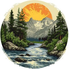 Retro Outdoor Badge Logo with Mountain Camp River and Pine Landscape Illustration