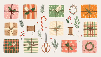 Collection of wrapped Christmas presents with festive decorations and wrapping supplies on beige background vector