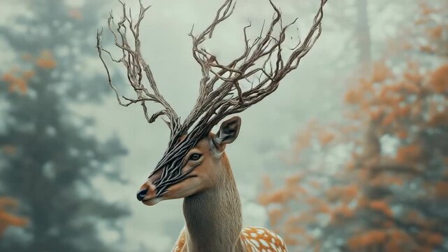 Majestic stag with antlers resembling tree branches stands in a misty forest during early morning light
