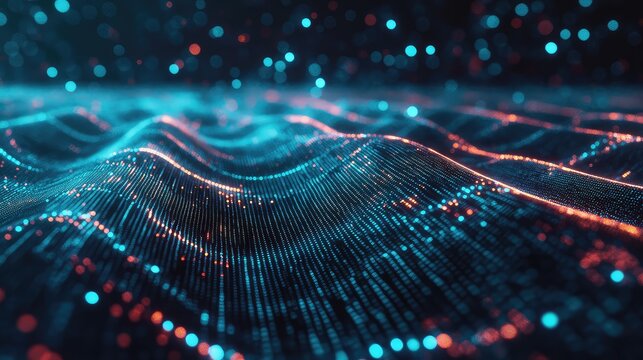 Abstract digital landscape featuring glowing blue and orange data points forming undulating waves, representing complex information networks and advanced technology concepts - Powered by Adobe