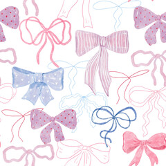 Whimsical watercolor seamless pattern with  bows and ribbons in pinks, blues and soft pastel colours. Perfect for packaging, invites, Valentine's Day designs.