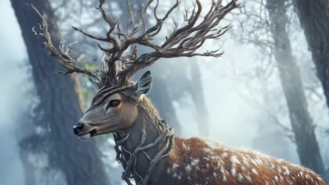 Majestic stag with antlers resembling tree branches stands in a misty forest during early morning light
