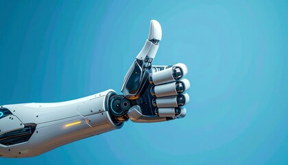 Close-up of a robotic arm giving a thumbs-up against a vibrant blue backdrop