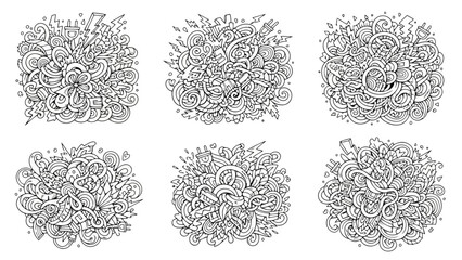 Six doodle style explosion graphics with swirling lines and lightning bolts isolated on white background vector