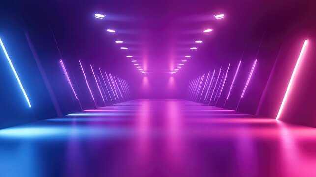 Abstract background presenting a long dark tunnel illuminated by purple, pink, and blue neon lights with reflections, creating a modern, high tech, and immersive digital space - Powered by Adobe