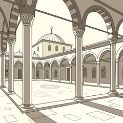 Monochromatic of a marble prayer courtyard with arches and domes ©  AMINA 1122