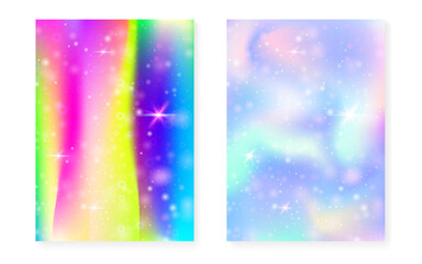 Princess background with kawaii rainbow gradient. Magic unicorn hologram. Holographic fairy set. Multicolor fantasy cover. Princess background with sparkles and stars for cute girl party invitation.