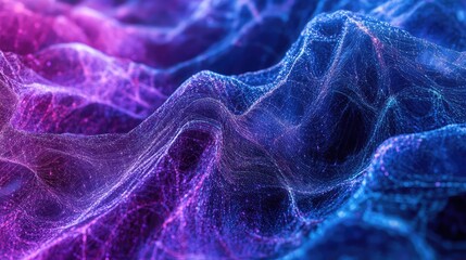 Abstract background presenting a complex digital data mesh or neural network creating undulating wave forms with illuminated particles representing information flow and connectivity