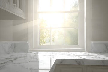 Fototapeta premium Bright Morning Sunlight Streaming Through Window Onto Elegant White Marble Kitchen Countertop