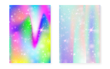 Unicorn background with kawaii magic gradient. Princess rainbow hologram. Holographic fairy set. Stylish fantasy cover. Unicorn background with sparkles and stars for cute girl party invitation.