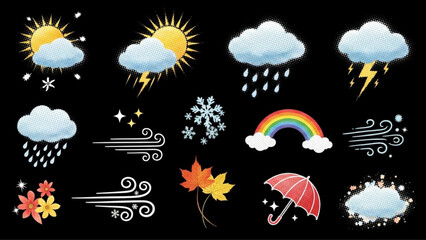 Modern Retro Halftone Weather Seasons Sticker Elements Set on Black Background