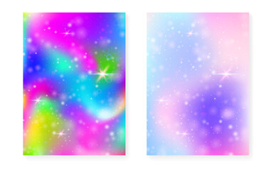 Princess background with kawaii rainbow gradient. Magic unicorn hologram. Holographic fairy set. Creative fantasy cover. Princess background with sparkles and stars for cute girl party invitation.