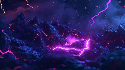 Rocky alien landscape crackling with intense glowing pink and purple lightning, sparks, and energy, creating an otherworldly and futuristic sci fi scene