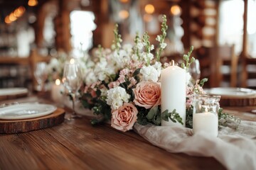 Obraz premium Rustic wedding decorations featuring flowers and candles create a romantic atmosphere for a charming celebration at a venue adorned with warm wooden elements