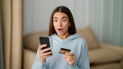 Fototapeta premium A young woman looks surprised and delighted while using her mobile and holding a credit card in a comfortable room