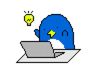 Pixel Art Penguin Getting an Idea on Laptop