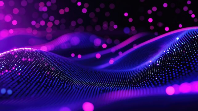 Abstract glowing wave of interconnected particles and lines in purple and magenta tones, suggesting data flow, network connections, ai and futuristic digital information transmission - Powered by Adobe