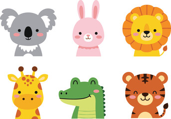 Cartoon animal characters collection, cute wildlife icons, friendly expressions, kids educational theme, colorful zoo animals, flat vector illustration