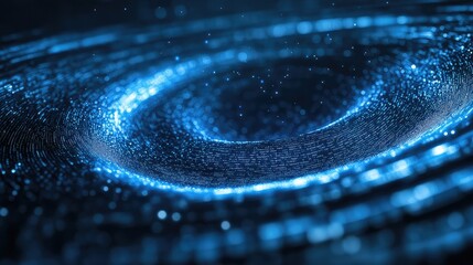 Digital data particles forming a luminous blue swirling vortex, symbolizing advanced technology, information flow, big data analysis, and secure network connections
