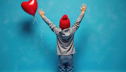 Back view of kid in red beanie hat, grey hoodie. Child raises arms up, celebrating near red heart balloon. Little person expresses joy, love against bright blue studio background. Pure happy innocent