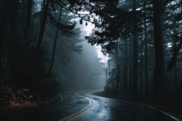 Obraz premium Winding road through a misty forest in early morning light creating a serene and tranquil atmosphere for desktop wallpaper