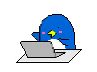 Cute Penguin Laptop Work Pixel Art Illustration